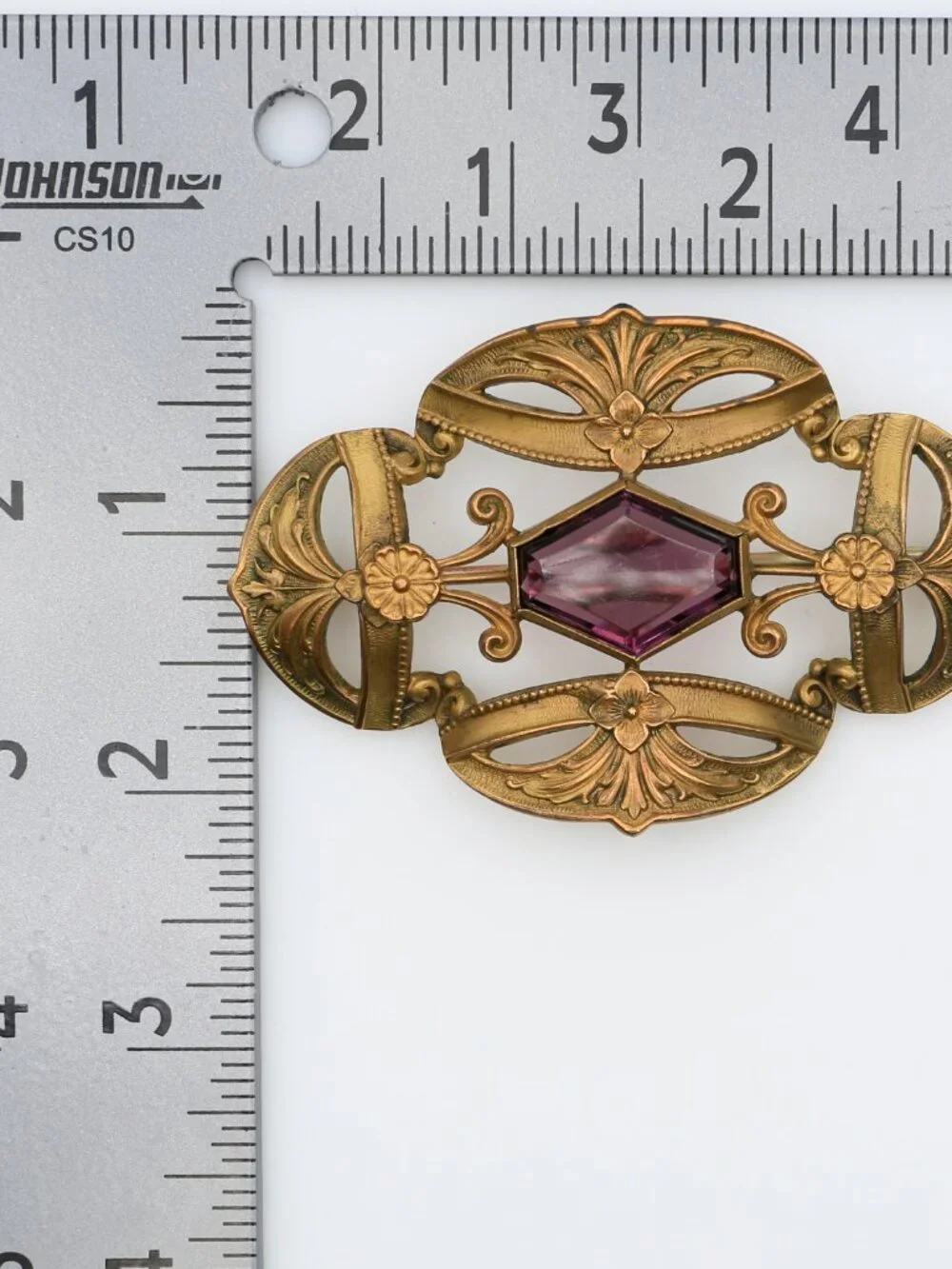 Antique Art Nouveau Brass Openwork Purple Rhinestone‎ Sash Pin 1900s